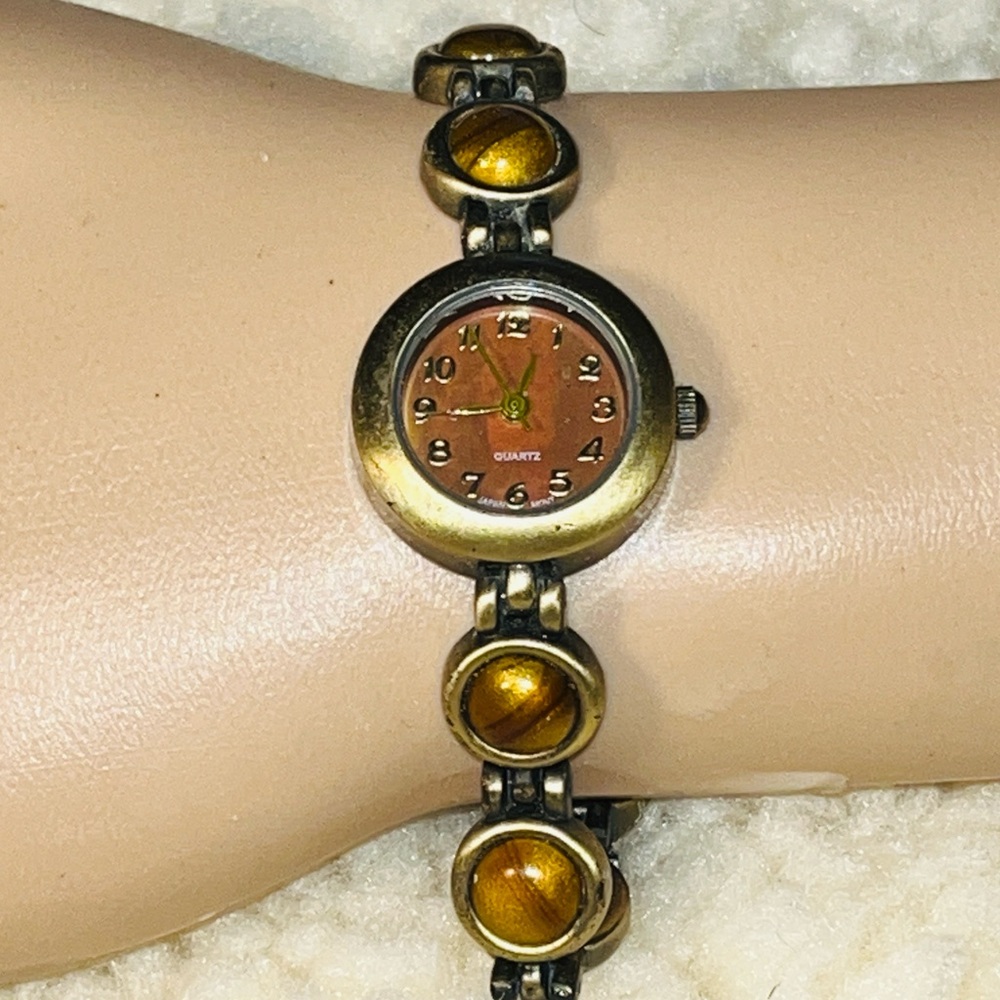 Vintage Tiger Eye Stone Bracelet Watch Quartz Boho Gold Tone Women
‼️WORKS‼️